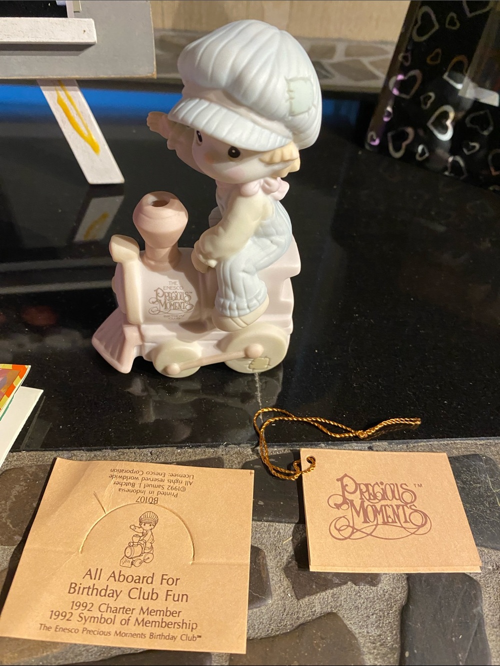 Precious Moments Pastel Cream Boy Riding Pink Train Figurine
